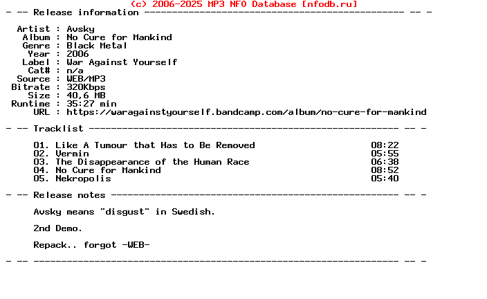Avsky-No_Cure_For_Mankind-REPACK-WEB-2006-Klv