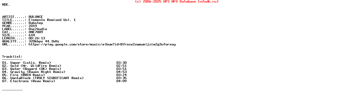 Bvlvnce-Elements_Remixed_Vol_1-(ONE7009)-WEB-2019