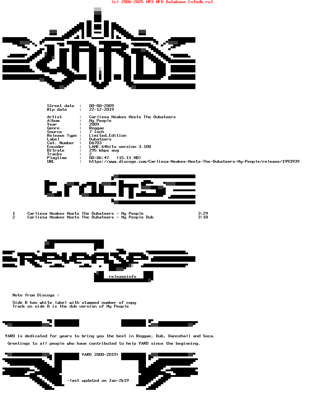 Carliesa_Meakes_Meets_The_Dubateers-My_People-(DA703)-Limited_Edition-7Inch_Vinyl-2009-YARD