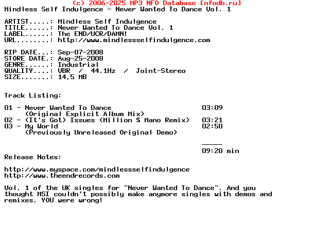 Mindless_Self_Indulgence-Never_Wanted_To_Dance_Vol._1-(CDM)-2008