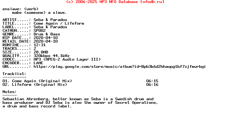 Seba_And_Paradox-Come_Again__Lifeform-(SP002)-WEB-2020