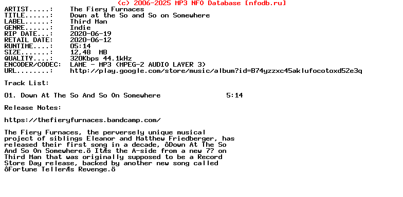 The_Fiery_Furnaces-Down_At_The_So_And_So_On_Somewhere-Single-2020