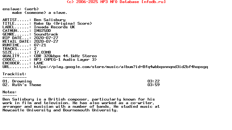 Ben_Salisbury-Make_Up_(ORIGINAL_SCORE)-(INV250D)-Ost-WEB-2020