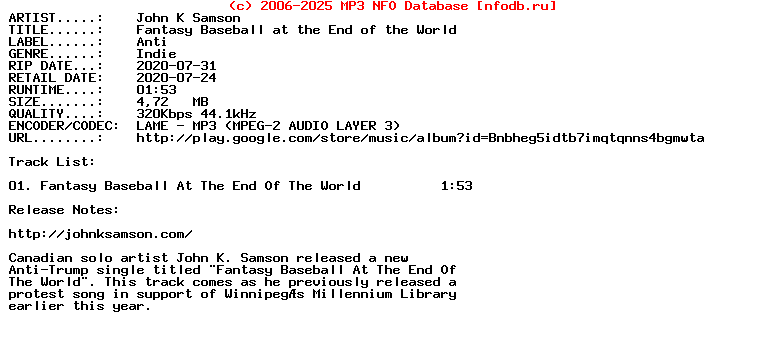 John_K_Samson-Fantasy_Baseball_At_The_End_Of_The_World-Single-2020
