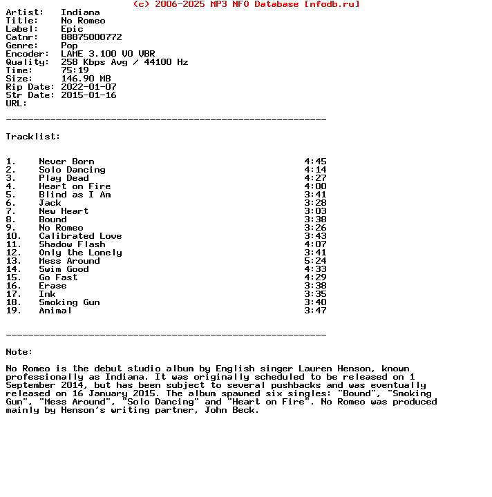 Indiana-No_Romeo-(DELUXE_EDITION)-2015