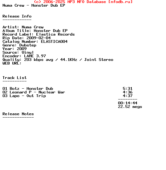 Numa_Crew-Monster_Dub_Ep-(ELASTICA004)-Vinyl-2009