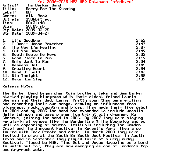 The_Barker_Band-Sorry_For_The_Kissing-2009-Dv8