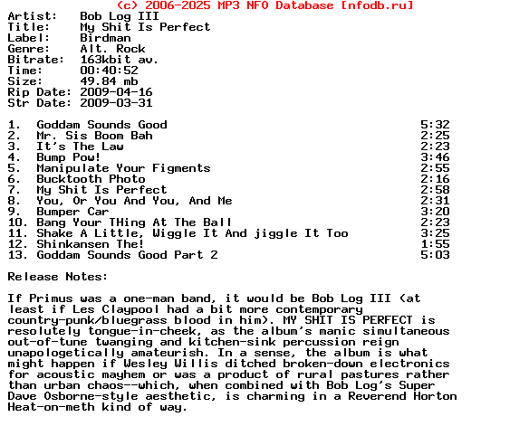 Bob_Log_Iii-My_Shit_Is_Perfect-2009