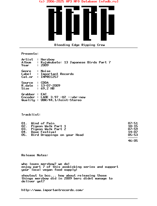 Merzbow-Kujakubato_13_Japanese_Birds_Part_7-2009-BERC