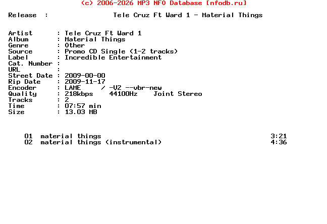 Tele_Cruz_Ft_Ward_1-Material_Things-Promo_CDS-2009