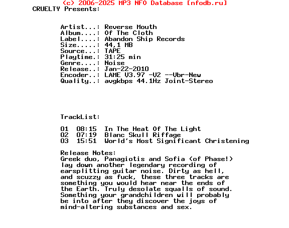 Reverse_Mouth_-_Of_The_Cloth-Tape-Abandon_Ship_Records-2009-CRUELTY