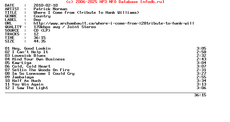 Patrick_Norman-Where_I_Come_From_(TRIBUTE_TO_HANK_WILLIAMS)-2010