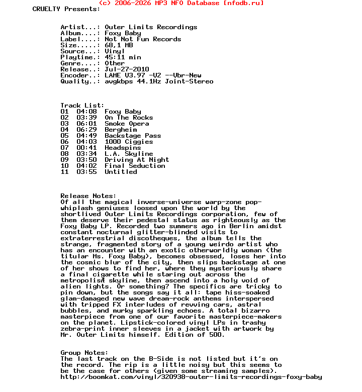 Outer_Limits_Recordings_-_Foxy_Baby-Vinyl-Not_Not_Fun_Records-2010-CRUELTY
