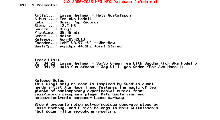 Lasse_Marhaug_-_Mats_Gustafsson_-_For_Ake_Hodell-Vinyl-Quasi_Pop_Records-2008-CRUELTY