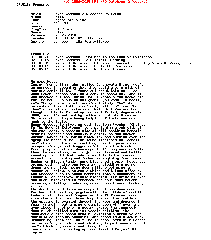 Sewer_Goddess_-_Diseased_Oblivion_-_Split-Degenerate_Slime-2010-CRUELTY