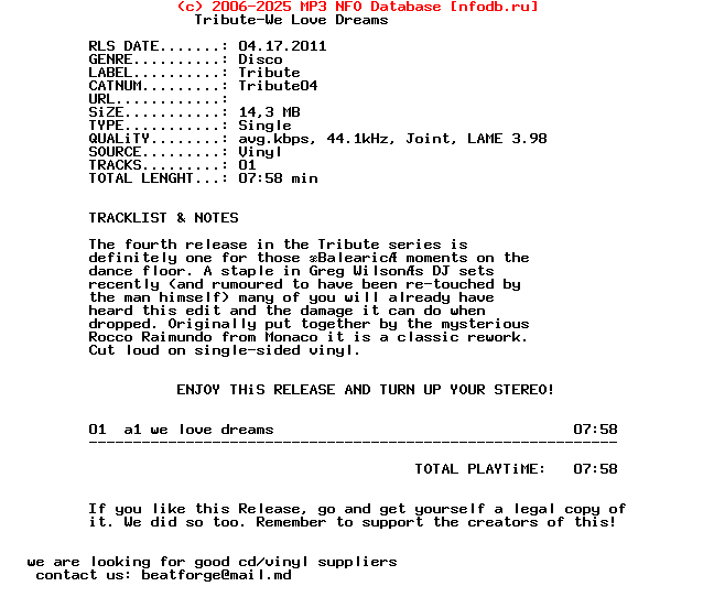 Tribute-We_Love_Dreams-(TRIBUTE04)-Onesided_Vinyl-2011