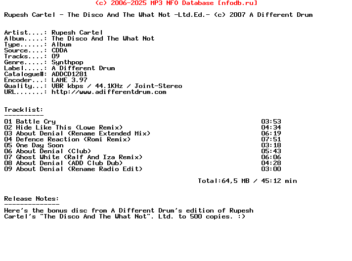 Rupesh_Cartel-The_Disco_And_The_What_Not-.A_Different_Drum.-Ltd_Ed_Us_Bonus_Disc-2007
