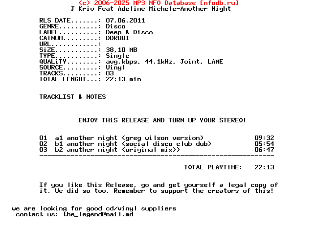 J_Kriv_Feat_Adeline_Michele-Another_Night-(DDR001)-Vinyl-2011
