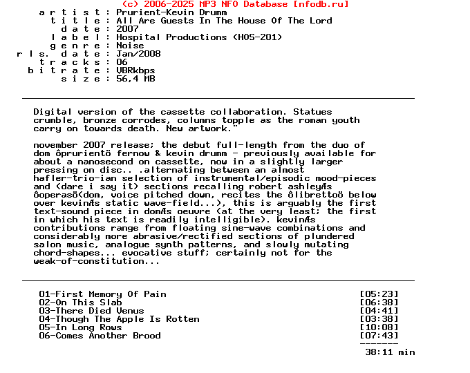 Prurient-Kevin_Drumm--All_Are_Guests_In_The_House_Of_The_Lord-(HOSPITAL)-2007