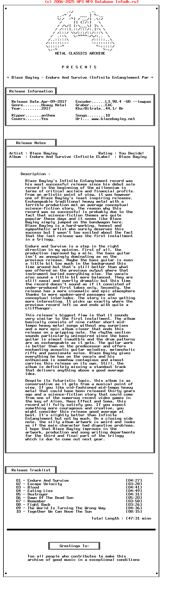 Blaze_Bayley_-_Endure_And_Survive_(INFINITE_ENTANGLEMENT_PART_II)-(BBRCD012)-2017-Mca_Int