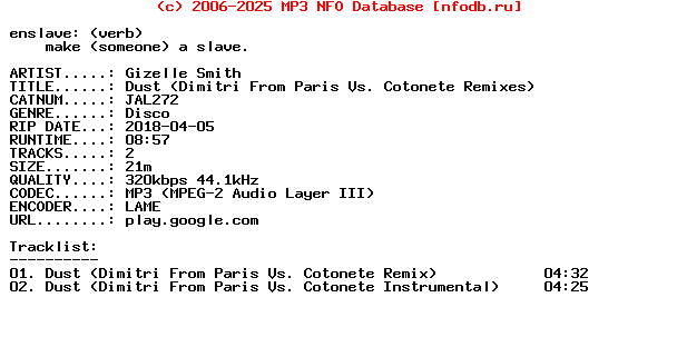 Gizelle_Smith-Dust_(DIMITRI_FROM_PARIS_VS_COTONETE_REMIXES)-(JAL272)-WEB-2018