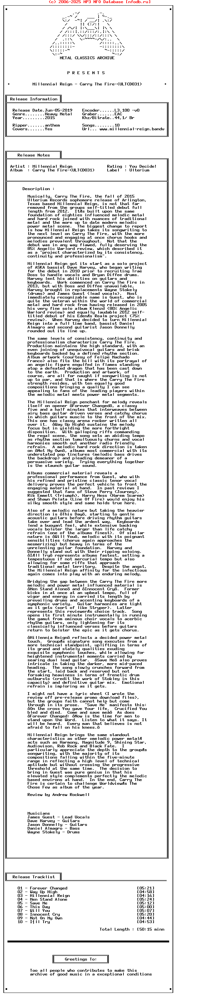 Millennial_Reign_-_Carry_The_Fire-(ULTCD031)-2015-Mca